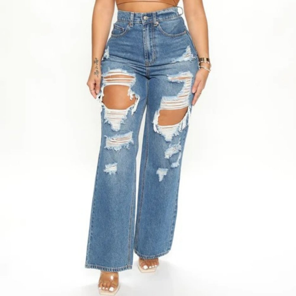 High Waist Straight Leg Distressed Jeans - Medium Blue Wash Size Medium/ 6